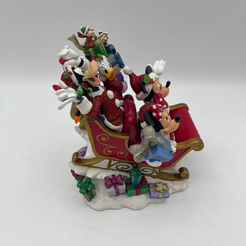 Disney Christmas Sleigh Figurine Mickey Minnie Donald Goofy Chip N Dale Glitter